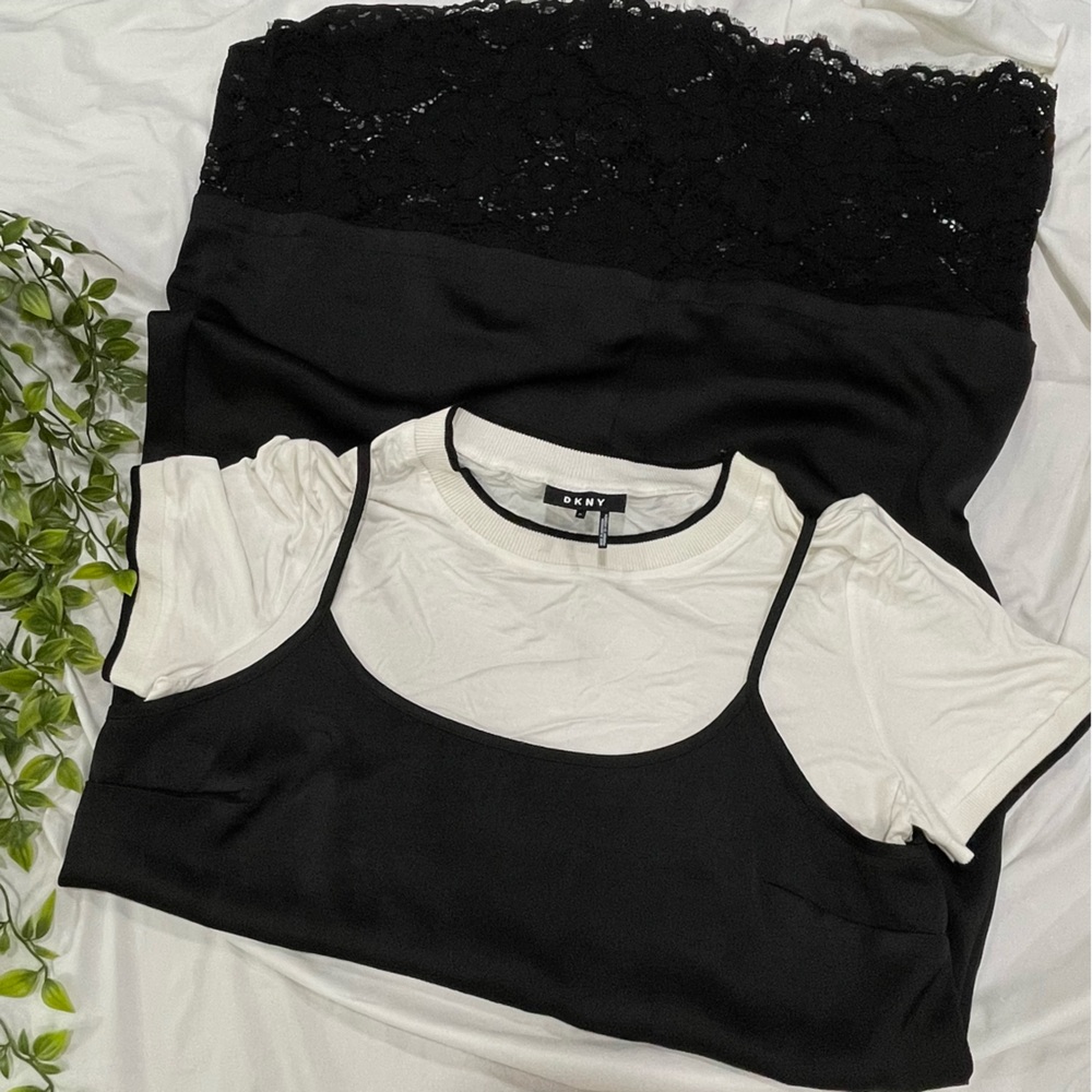 DKNY Black & White 2in1 Lace Cami Overlay Maxi Dress with T-Shirt Size XL - Picture 4 of 6